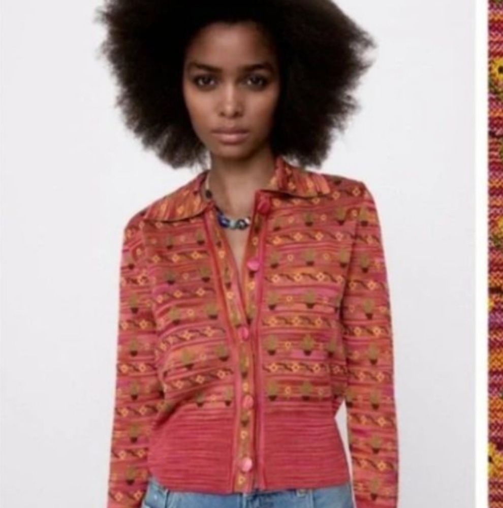 Zara yellow flower green cactus knit sweater jacket
